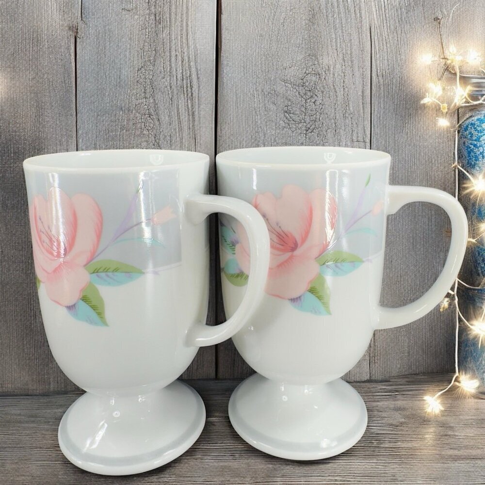 Vintage Saltera Victorian Rose Footed Coffee Mug Cup Japan 1980s Mugs Cups Set 2